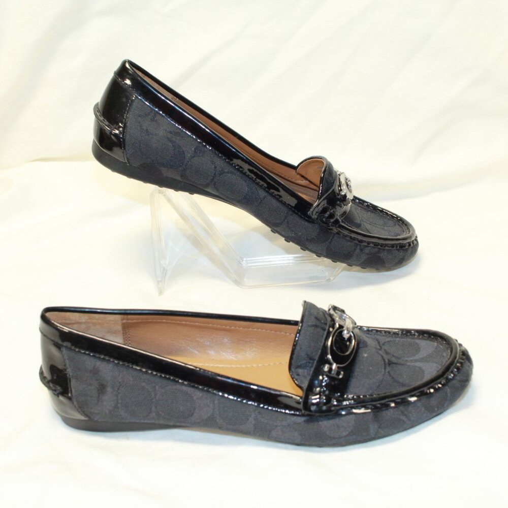 Coach Size 9 B Black Logo W Patent Leather Trim FORTUNATA Slip On Moc Toe Flats - Picture 2 of 11